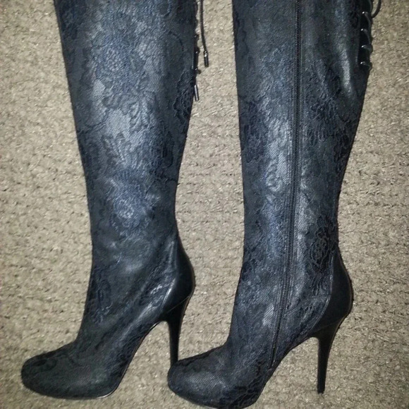 Guess Shoes - MARCIANO-Black Lace Overlay-Black Leather-Stiletto Boots-Size 5.5-Near Mint